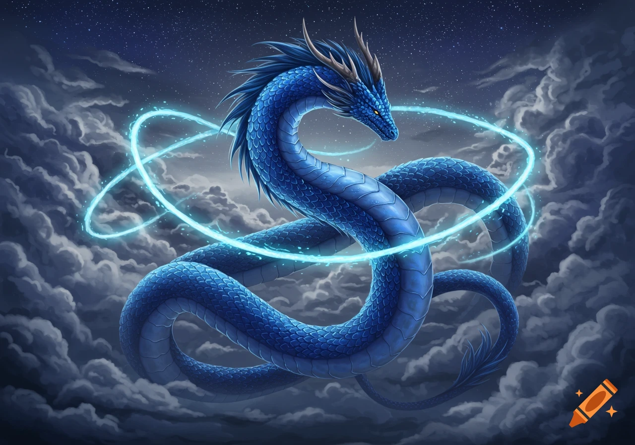 A blue serpentine dragon with glowing light around its body, set against a dark, cloudy, starry sky.