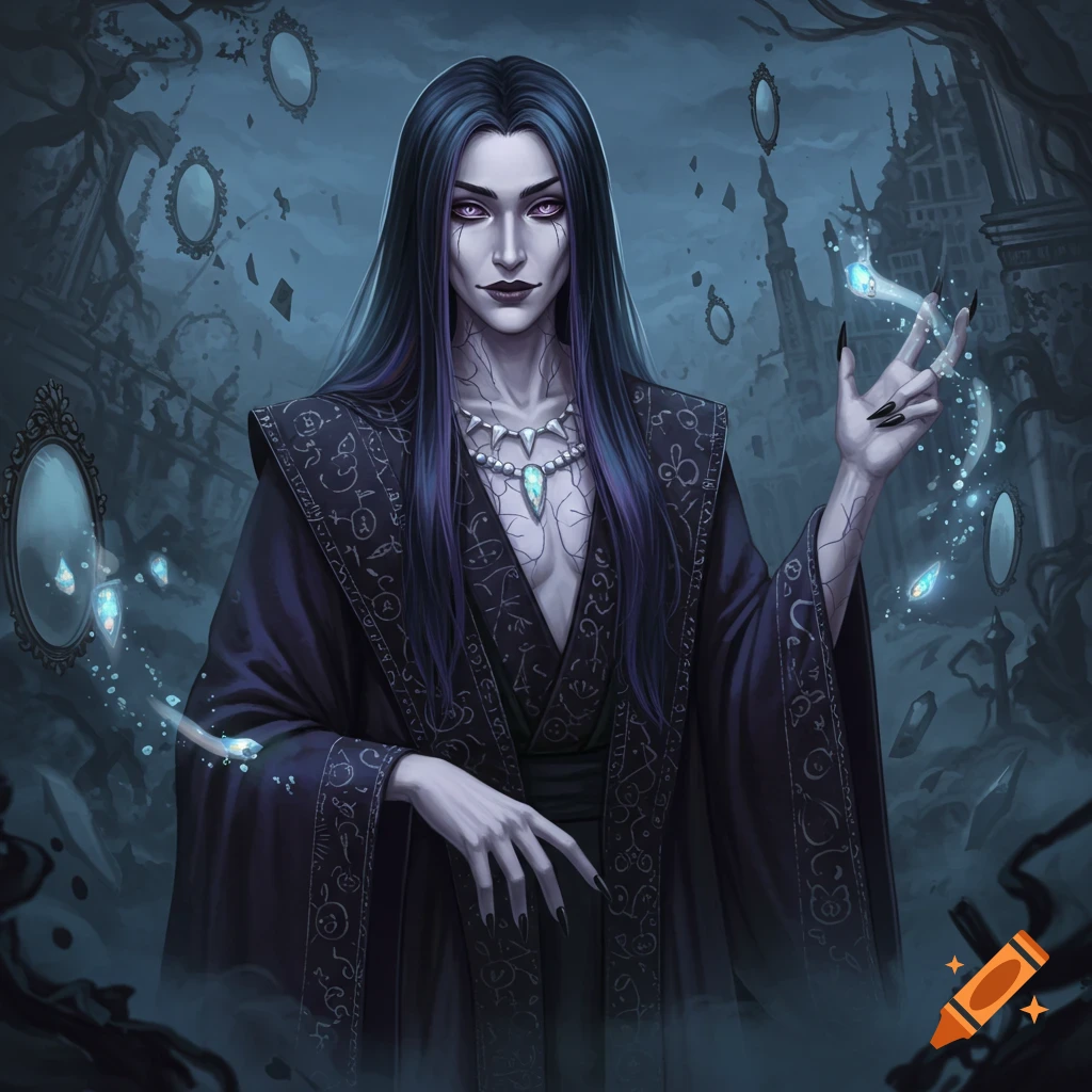 An androgynous figure with long dark hair, pale skin, and purple eyes wears dark robes adorned with symbols, standing amidst floating broken mirrors in a gothic setting.