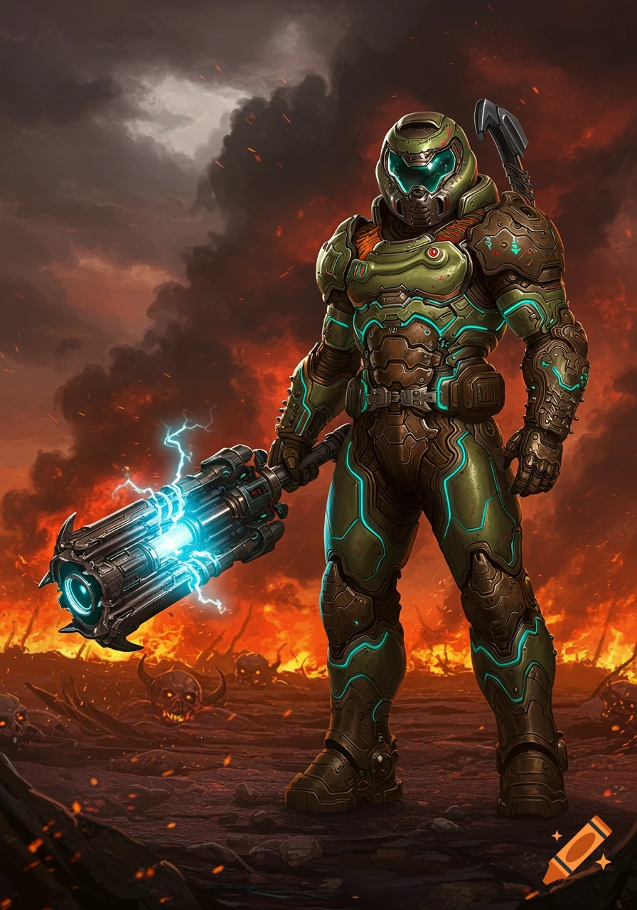A full-body depiction of the Doom Slayer in green and brown armor, holding a glowing blue weapon, standing in a fiery, hellish landscape.