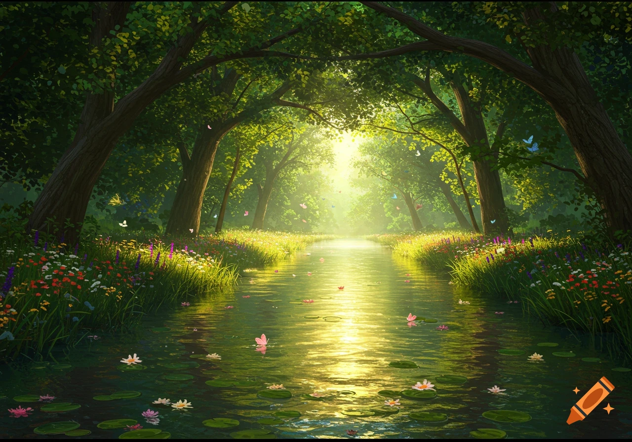 A tranquil river winding through a lush green forest, bathed in bright sunlight, with colorful wildflowers and butterflies along the banks.