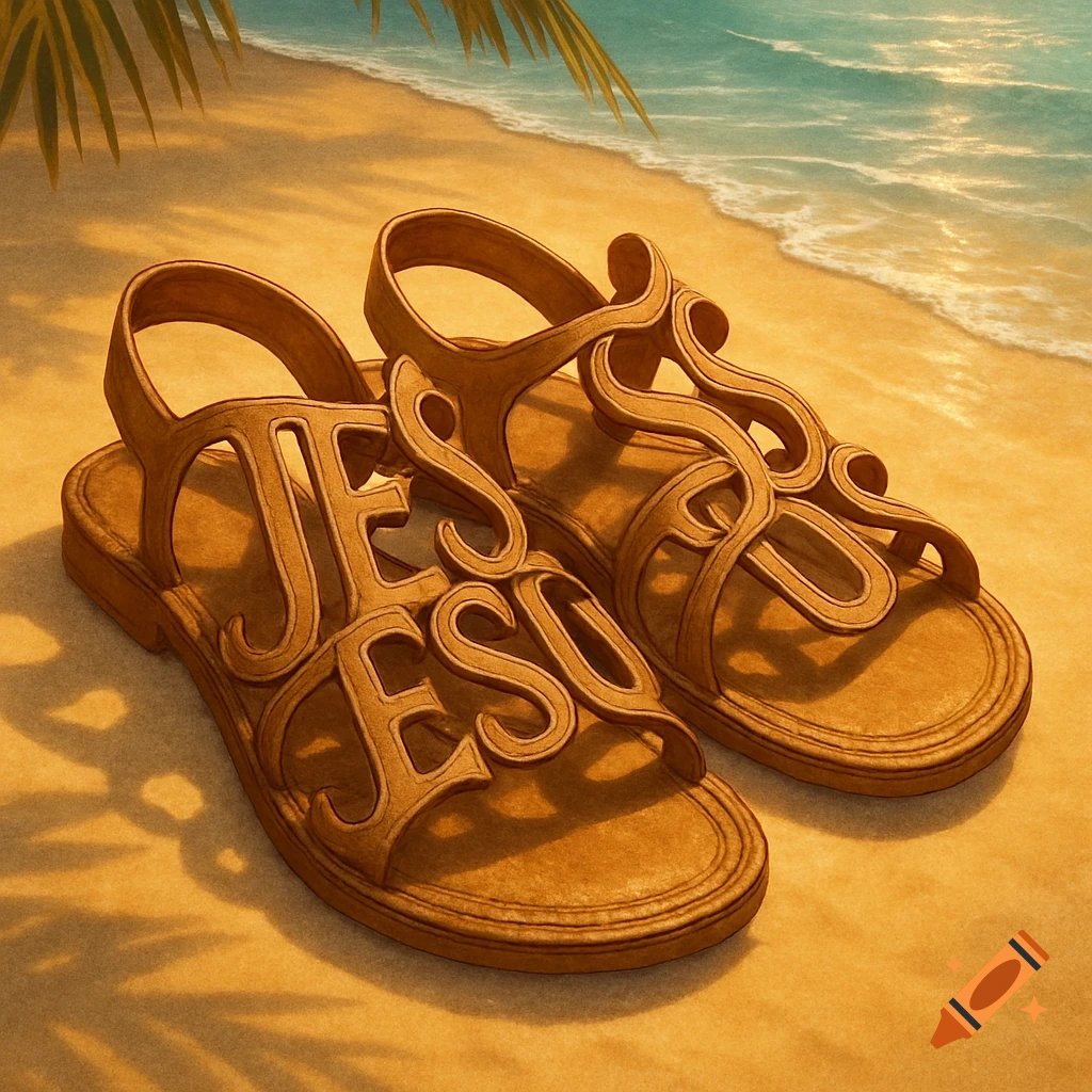Brown sandals, with straps shaped like the word 'JESUS', rest on a sandy beach by the ocean.