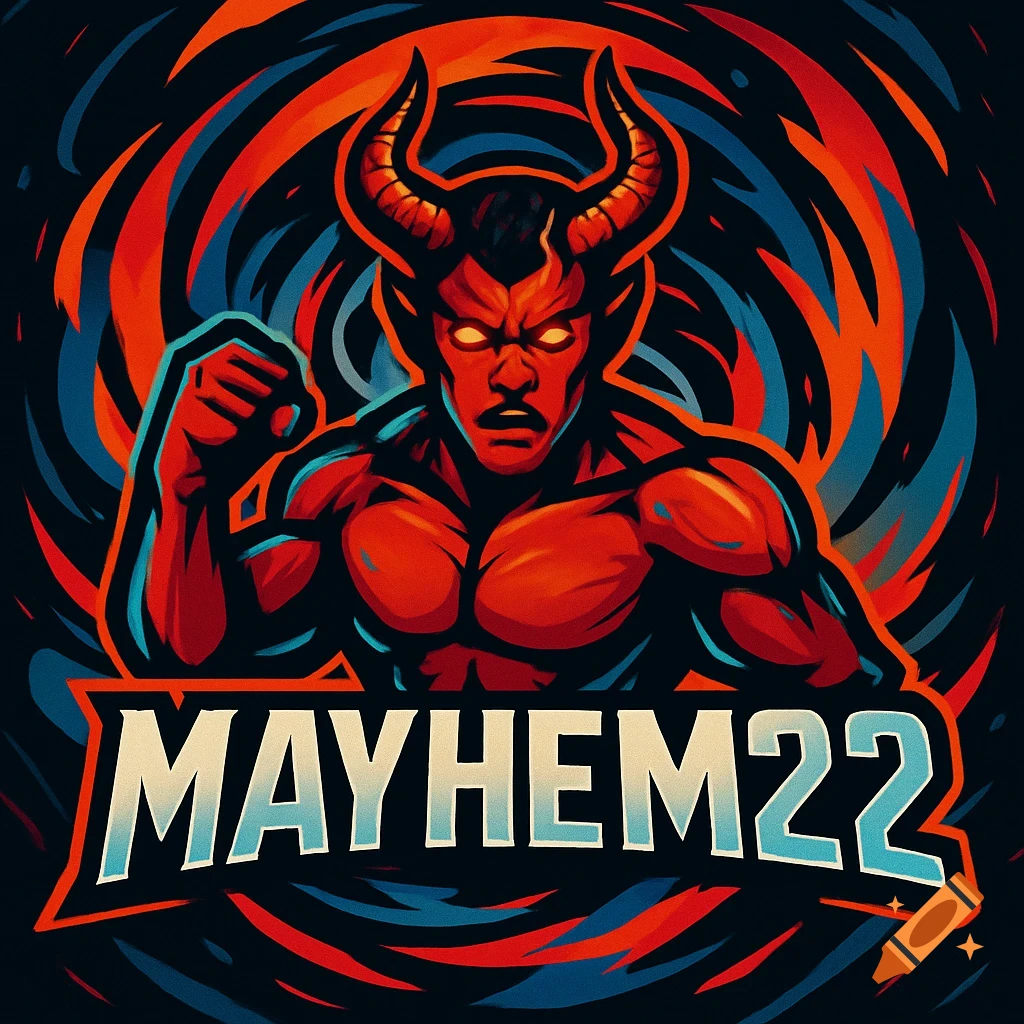 A bold graphic logo featuring a red devil mascot with glowing eyes and horns, set against swirling red and blue patterns, with the text 'MAYHEM22' below.