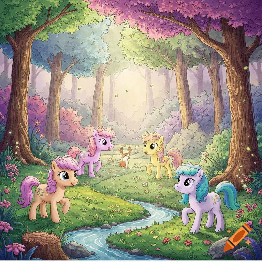 Cute cartoon ponies in a magical forest with a stream, vibrant trees, and flowers.
