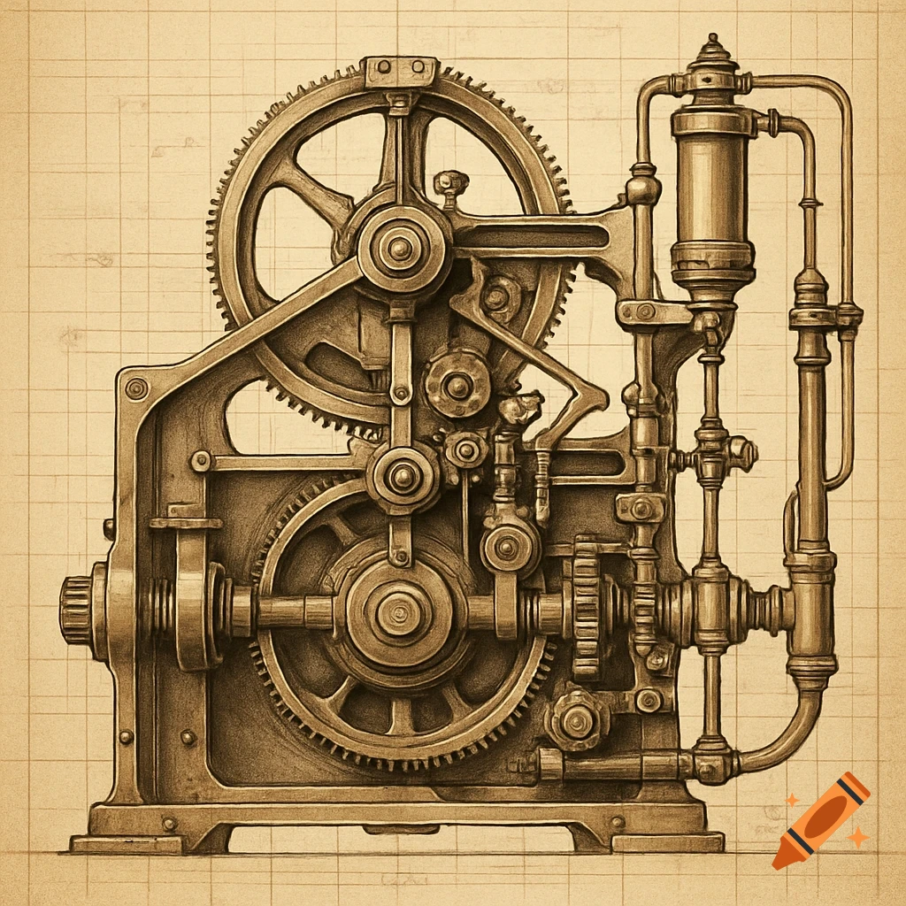 Vintage engineering diagram of a complex mechanical machine with gears and pipes.