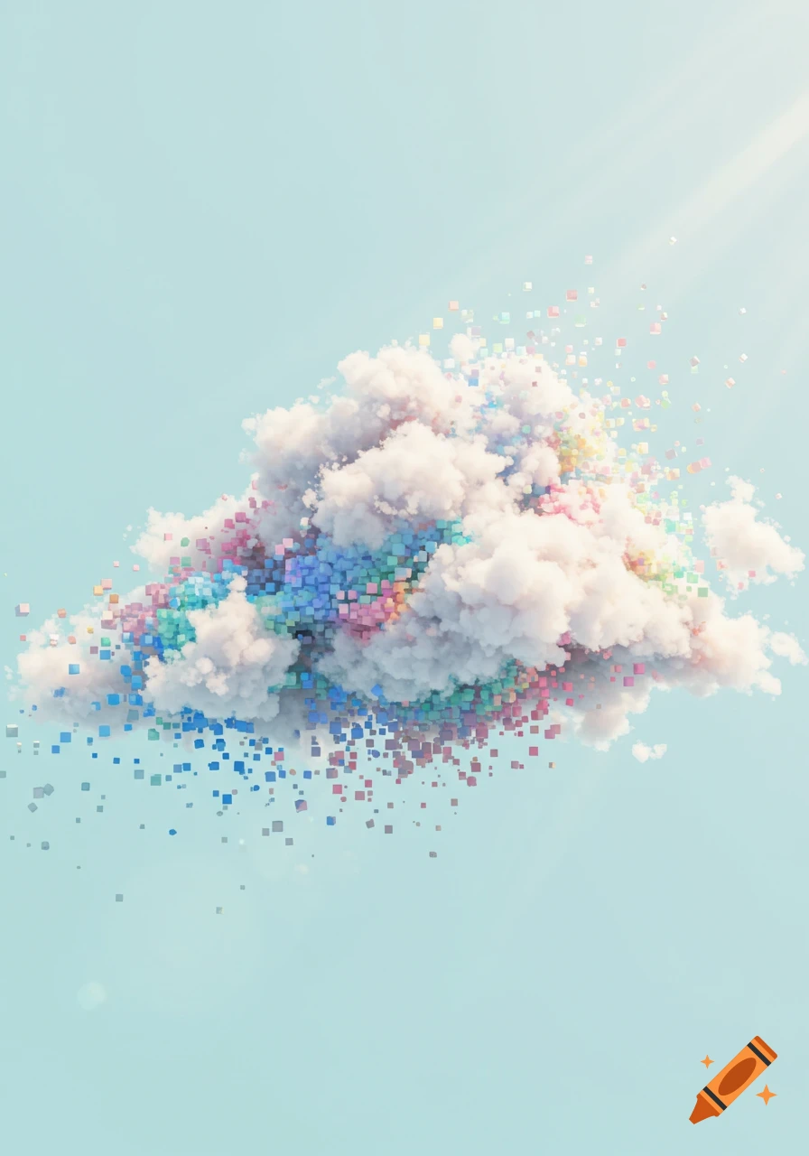 A white fluffy cloud composed of many small, colorful pixels against a light blue sky with sun rays.