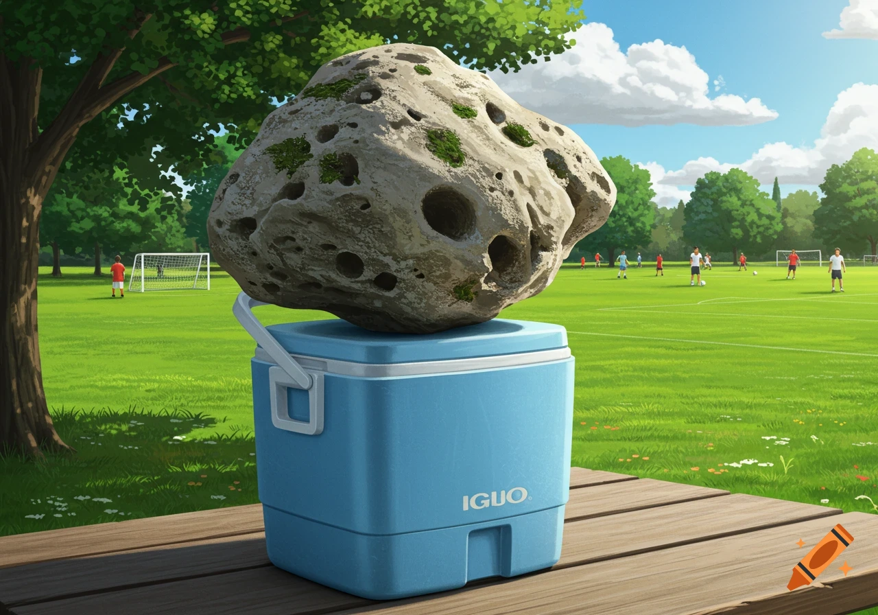 A large porous rock sits atop a blue cooler on a picnic table in a park where a soccer game is being played.