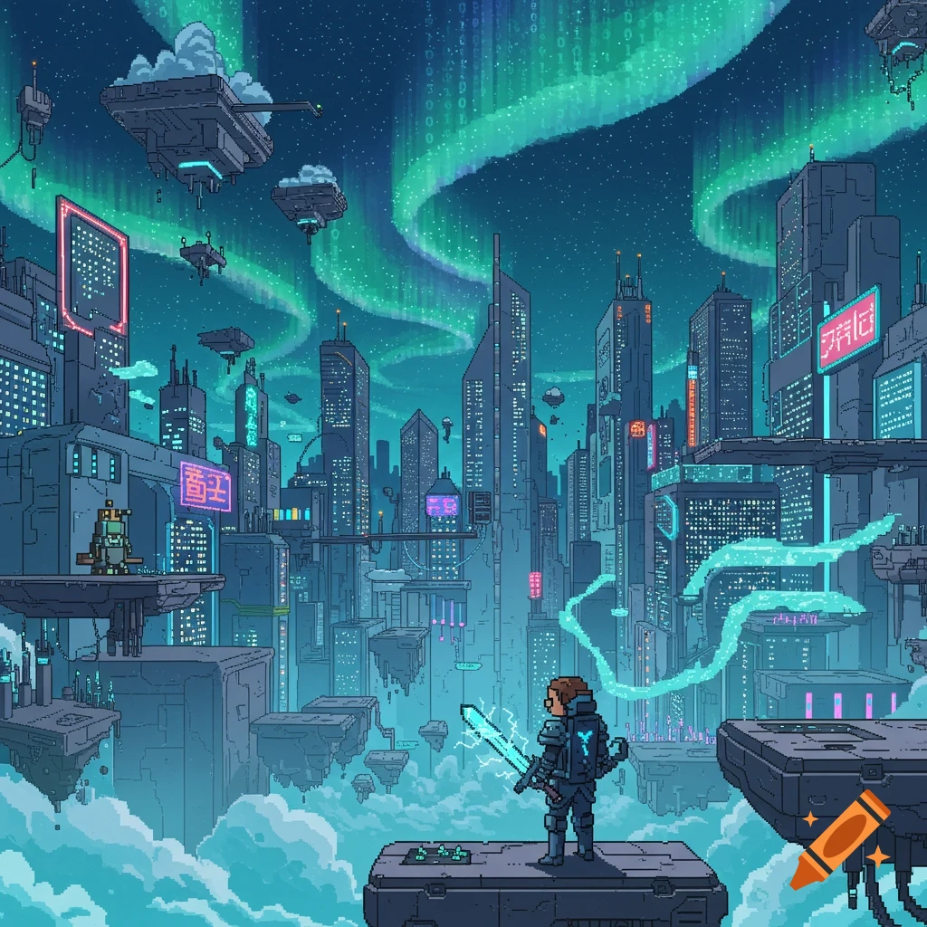 A lone figure with a glowing sword overlooks a futuristic pixel art cyberpunk city under an aurora borealis sky with falling binary code.