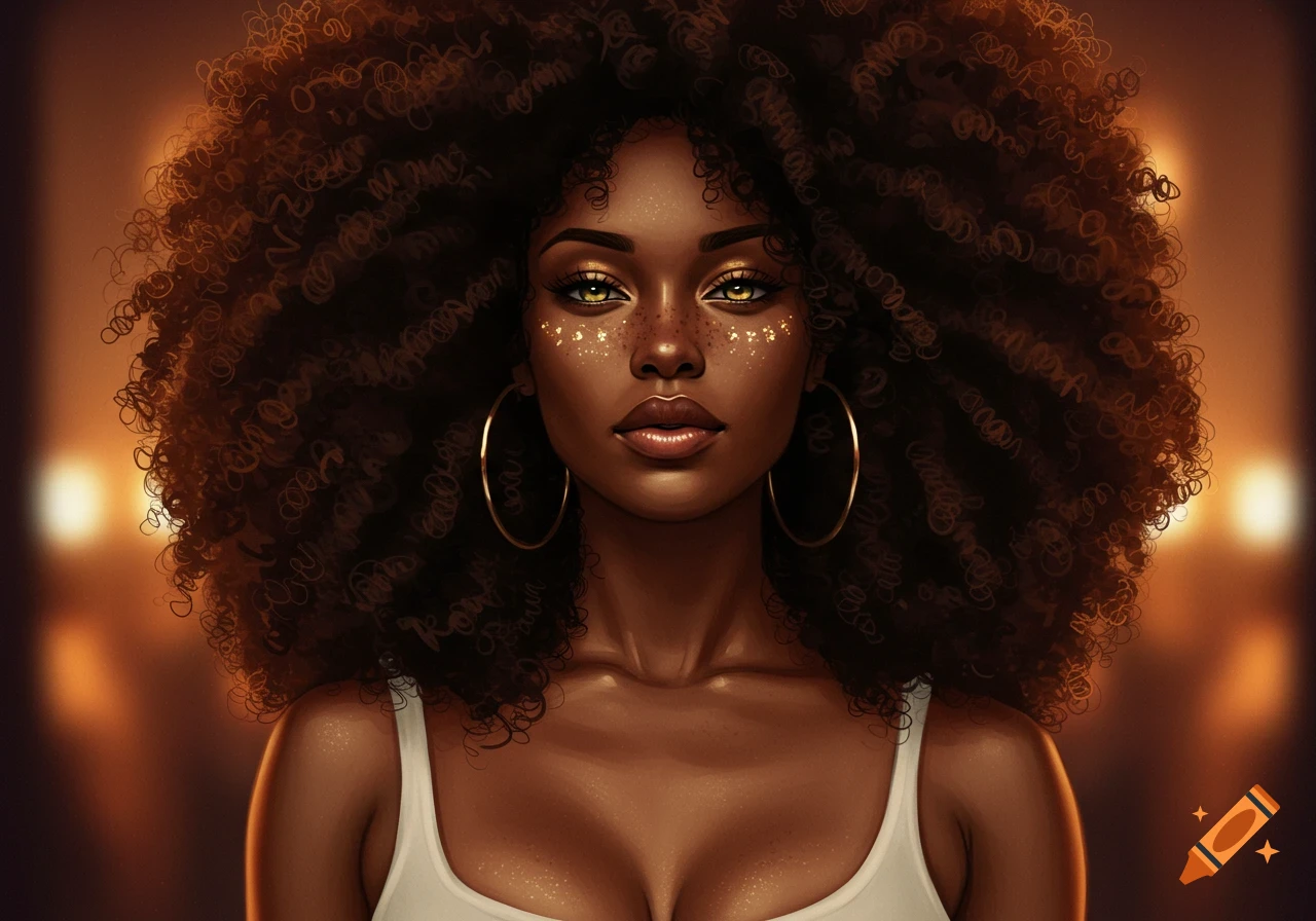 Close-up portrait of a Black woman with a large afro, freckles, honey green eyes, and hoop earrings, against a warm, blurred background.