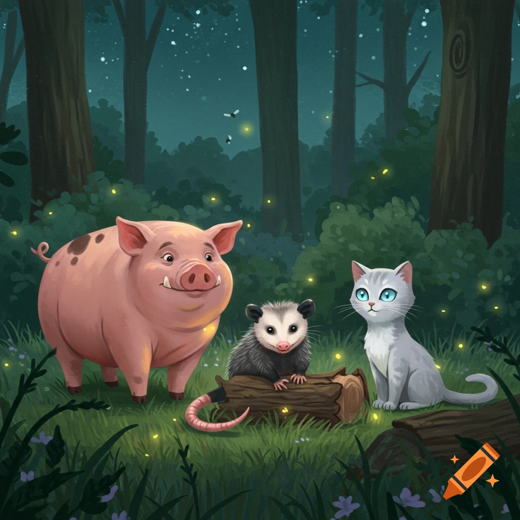A cartoon pig, an opossum, and a cat stand together in a dark, whimsical forest illuminated by fireflies.