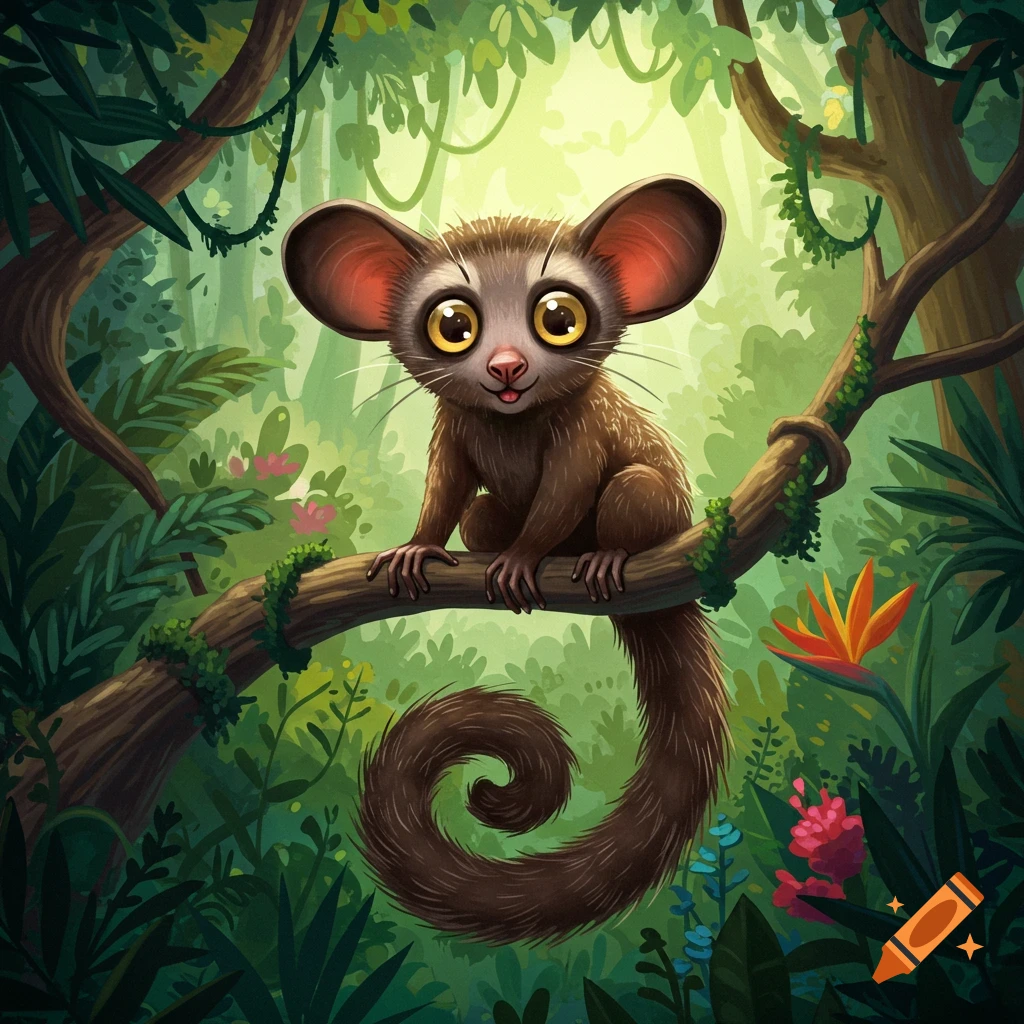 A cute cartoon aye-aye with large ears and big eyes sits on a tree branch in a lush green jungle, its long tail curled below.