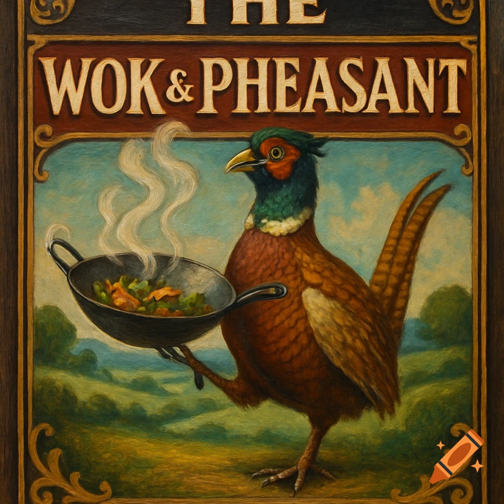 A painted British pub sign of a pheasant holding a steaming wok, with 'THE WOK & PHEASANT' text.