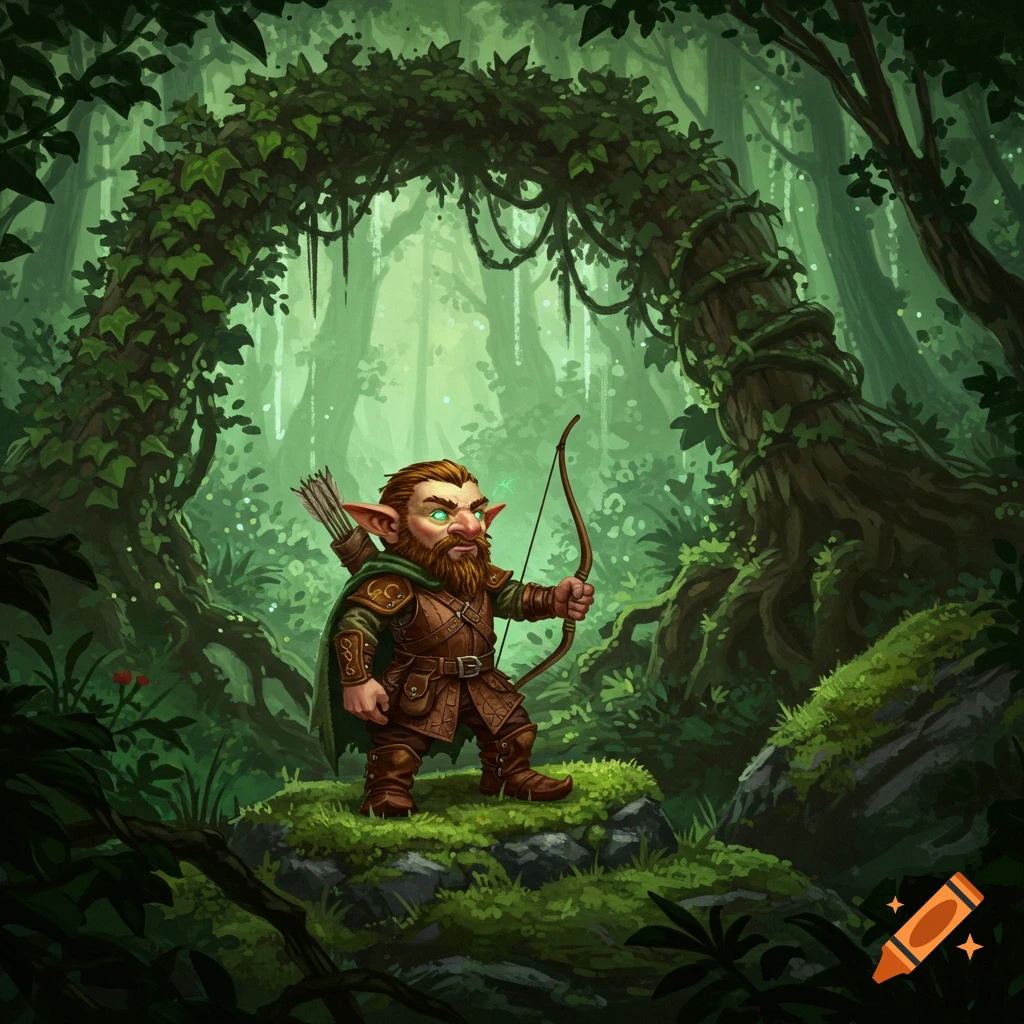 A cartoon gnomish ranger with green eyes and a beard holds a bow, standing on a mossy rock in a lush, magical forest.