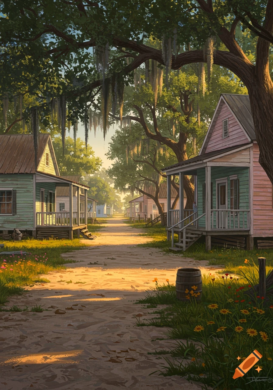A vibrant painting of a historic Gullah neighborhood with colorful houses lining a sunlit dirt road, shaded by trees draped in Spanish moss.
