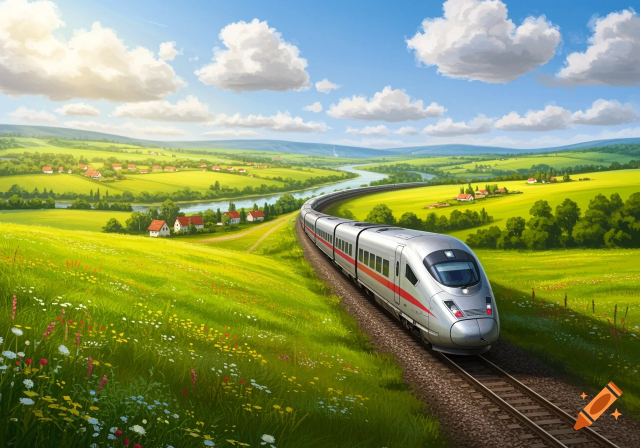 A modern train travels through a vibrant green countryside with a river, village, and fluffy clouds.