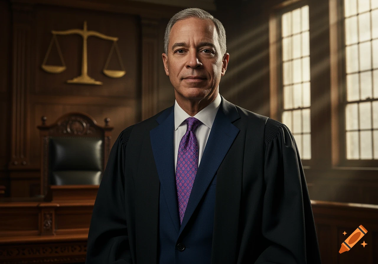 A man in a judge's robe stands in a courtroom, with the scales of justice visible in the background.