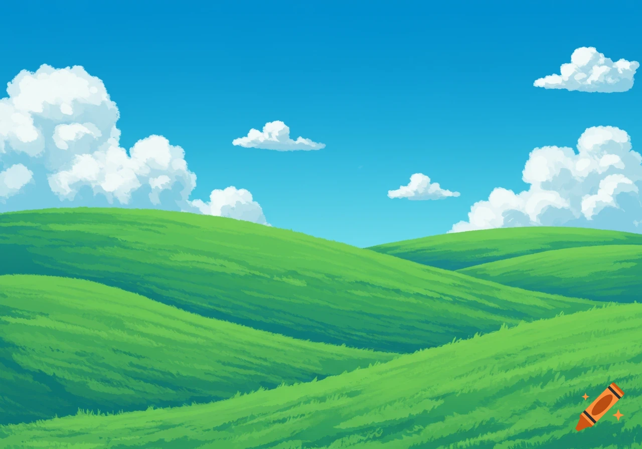 Cartoon-style rolling green hills under a clear blue sky with fluffy white clouds.