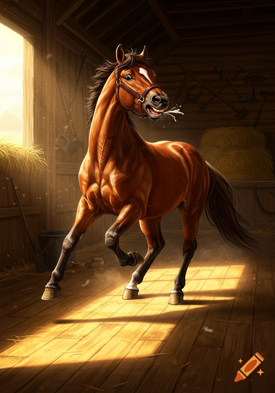 A brown horse prances in a sunlit barn, with spit coming from its mouth.