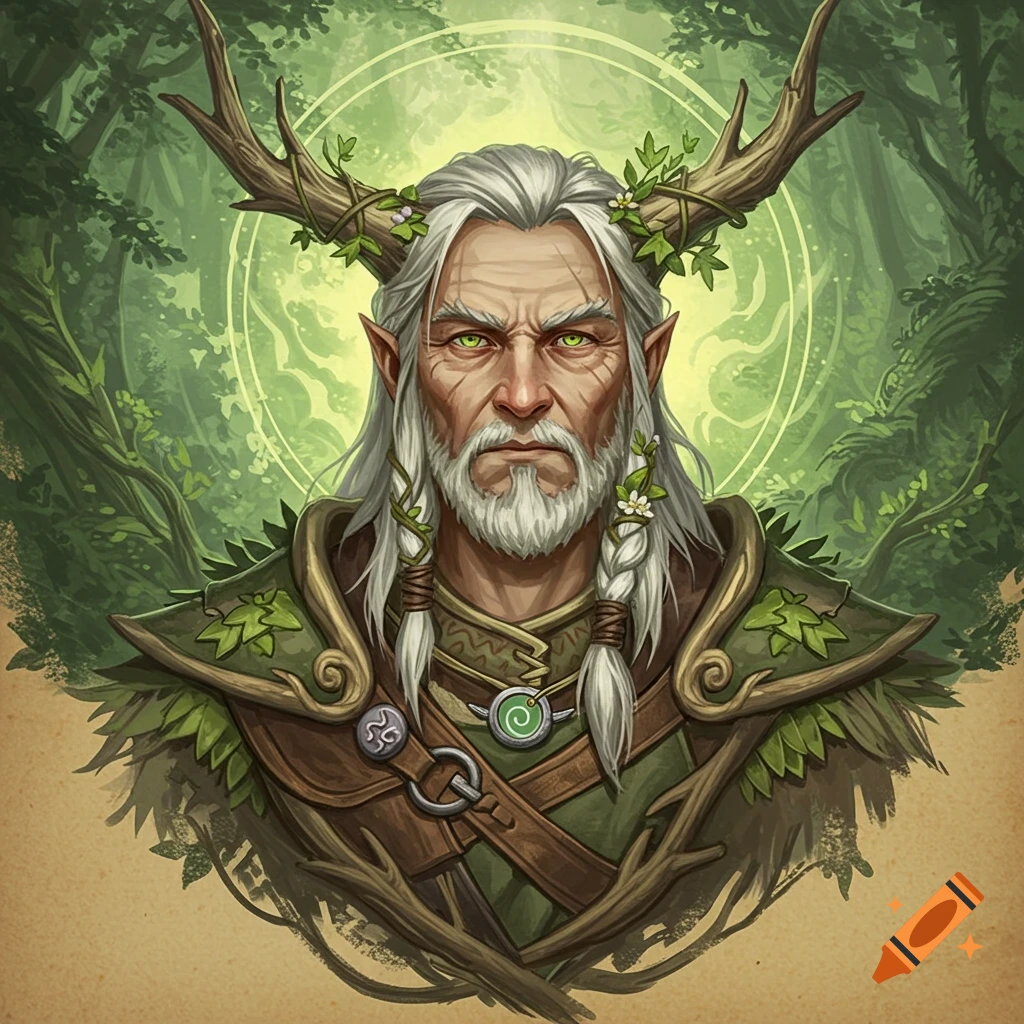 Stylized portrait of an older male druid with white hair, green eyes, and antlers adorned with leaves and flowers, set against a forest background.
