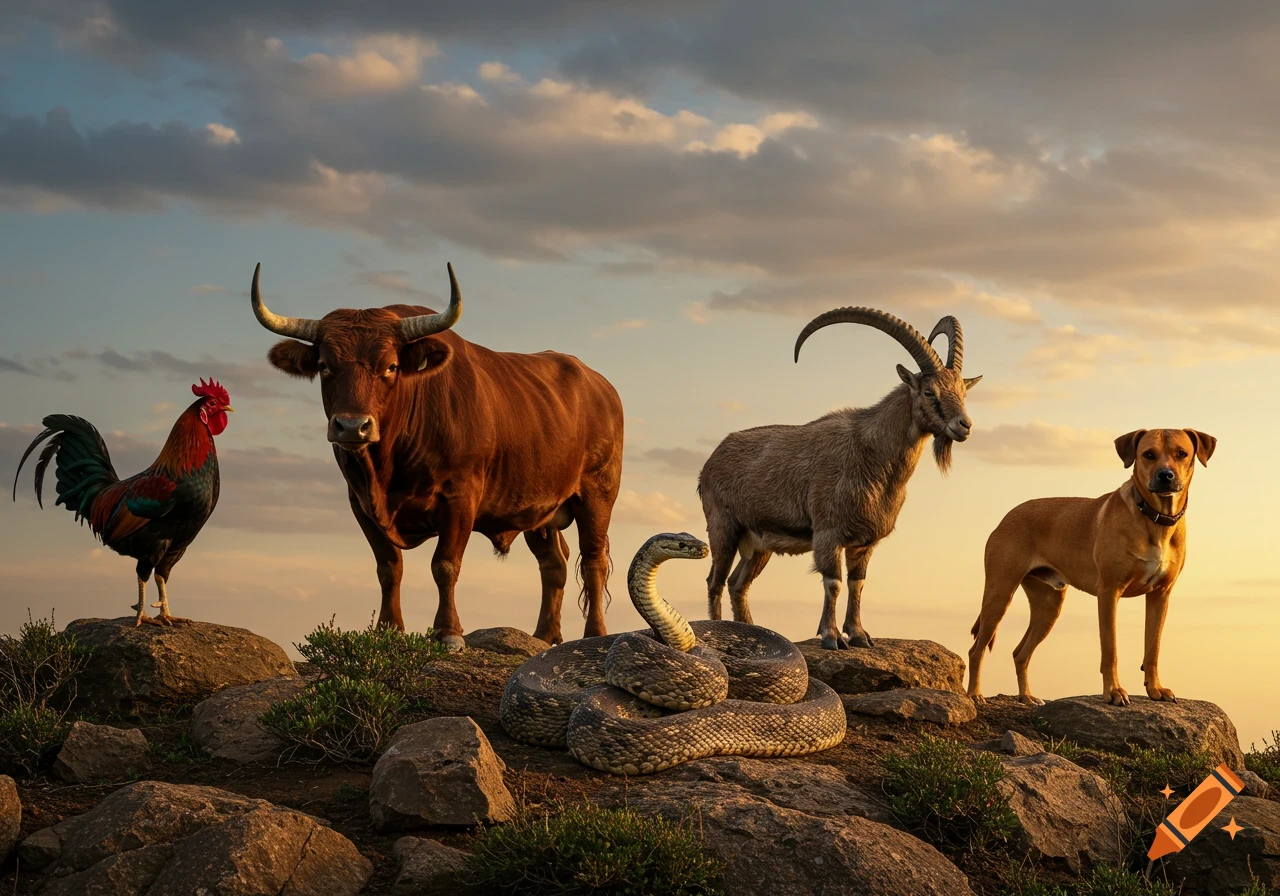 A photorealistic scene of a rooster, ox, snake, goat, and dog standing on a rocky hill at sunset.