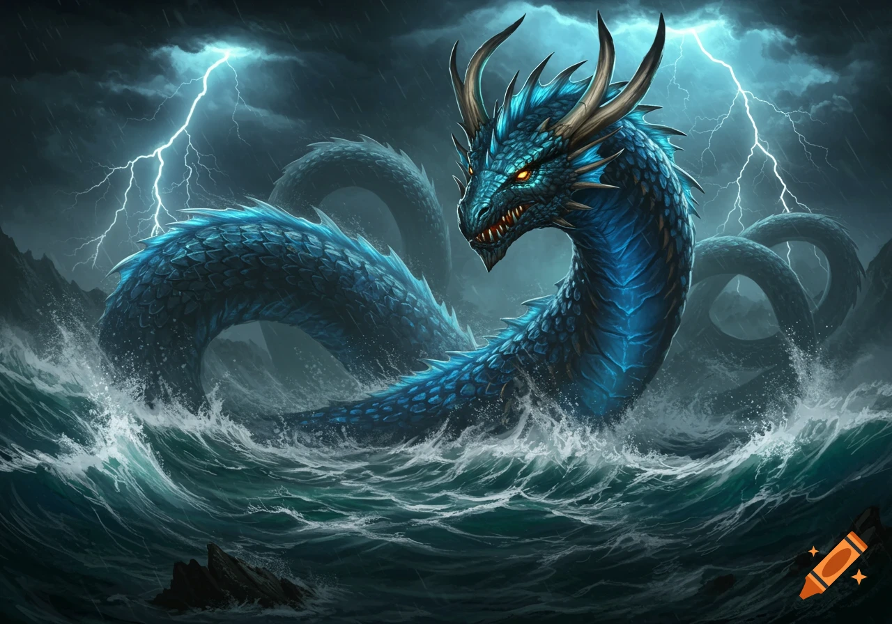 A massive blue dragon with glowing orange eyes rises from stormy, turbulent ocean waters under a dark, lightning-filled sky.