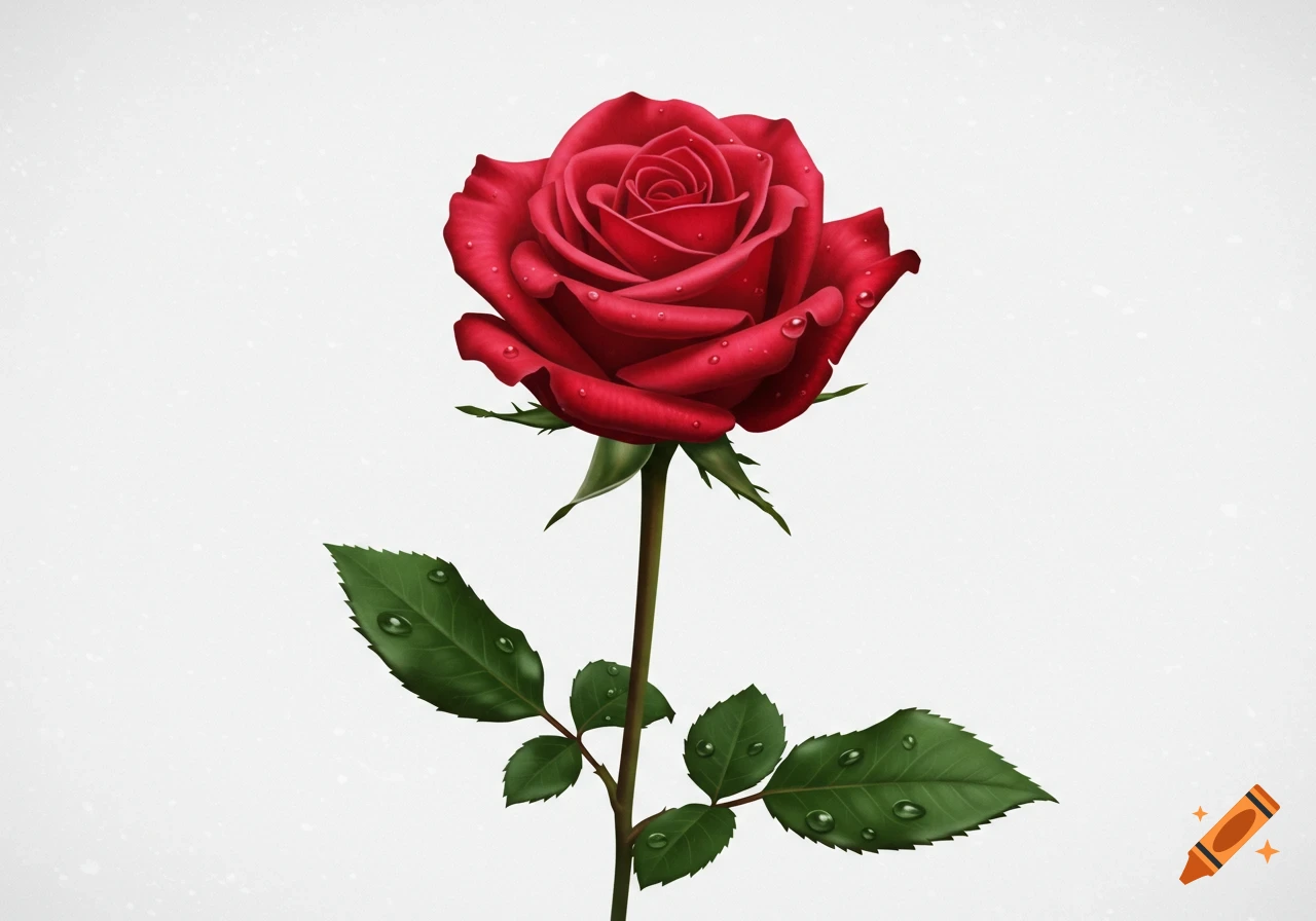 A vibrant red rose with water droplets on its petals and green leaves, set against a plain white background.