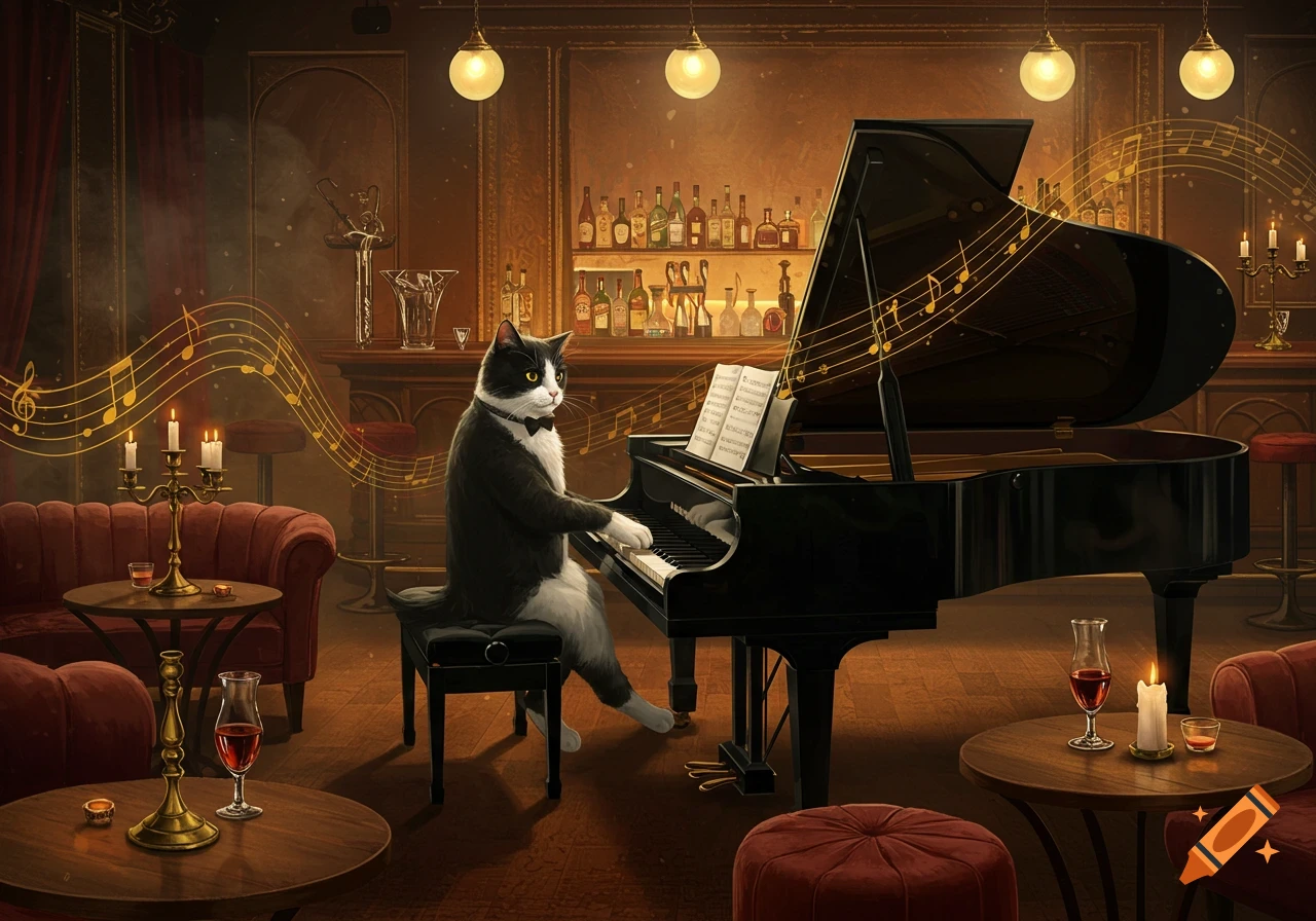 A tuxedo cat wearing a bow tie plays a grand piano in a dimly lit, sophisticated jazz bar, surrounded by musical notes.