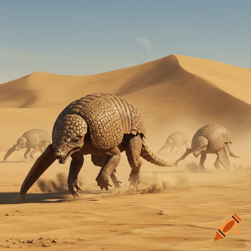 Photorealistic image of armored, armadillo-like creatures running across a sandy desert under a clear sky.