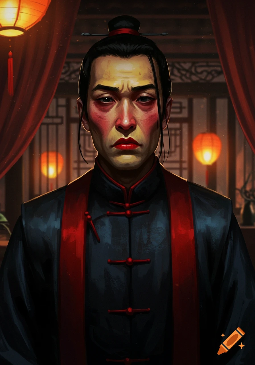 A portrait of a male figure with sallow skin, wide red lips, and red blush, wearing dark traditional Chinese clothing with red accents, in a room with red lanterns.