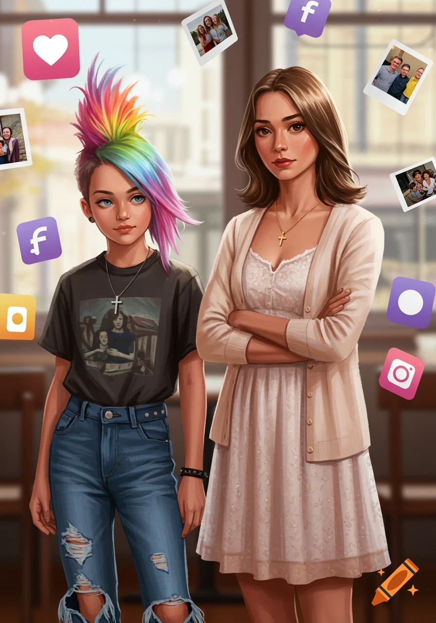 A digital illustration of a young woman with a rainbow mohawk and ripped jeans next to an older woman in a white dress and cardigan, surrounded by floating social media icons and photos.