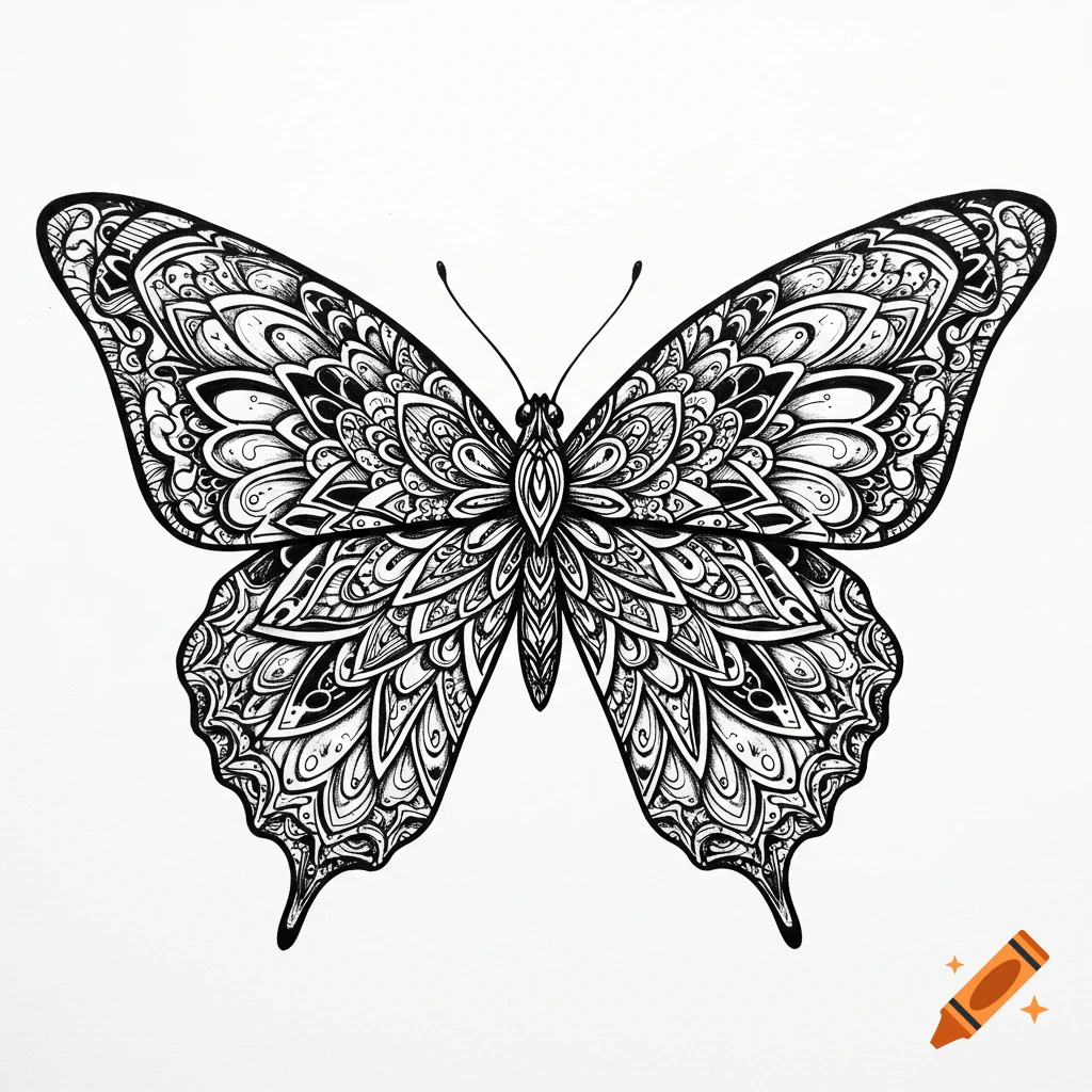 A highly detailed black and white drawing of a butterfly with intricate mandala patterns on its wings.