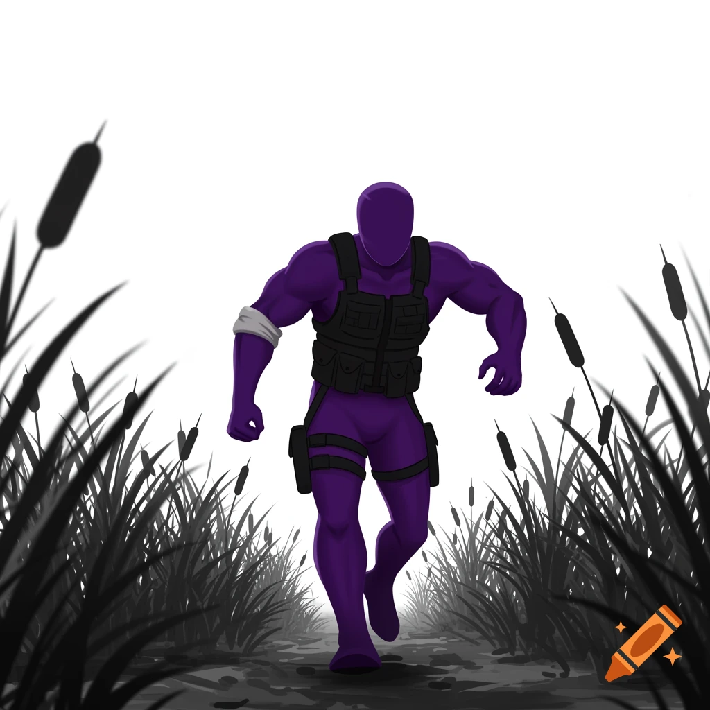 A muscular purple faceless figure in black tactical gear runs through tall, dark reeds on a white background, in a stylized illustration.