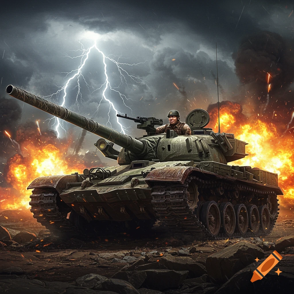 A photorealistic tank with a soldier emerges from battle amidst explosions, lightning, and a stormy sky.