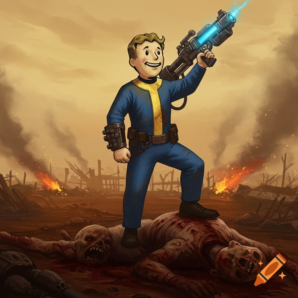 Vault Boy holds a laser gun, standing triumphantly on two defeated ghouls in a fiery, war-torn wasteland.