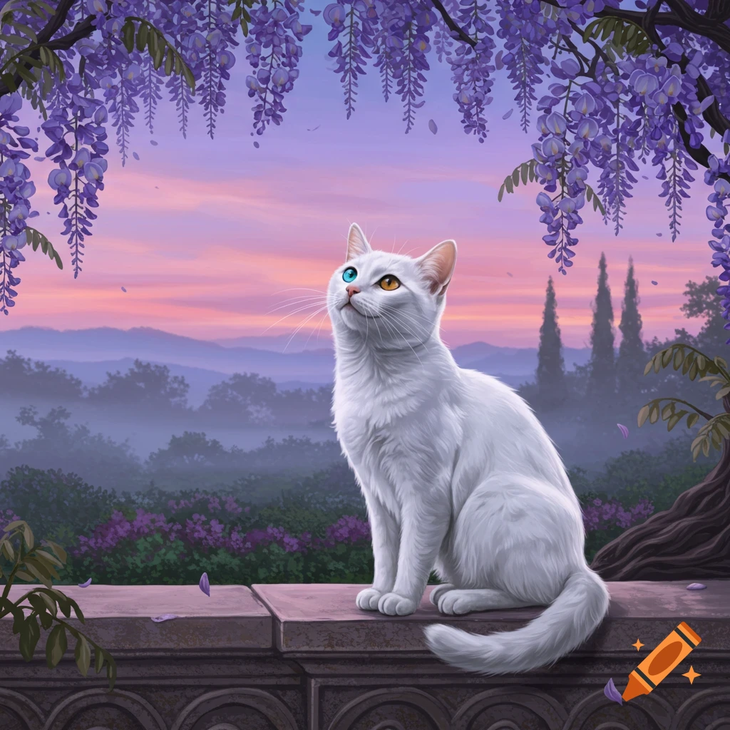 A white cat with one blue eye and one orange eye sits on a stone wall, looking up at hanging purple wisteria blossoms against a sunset sky.