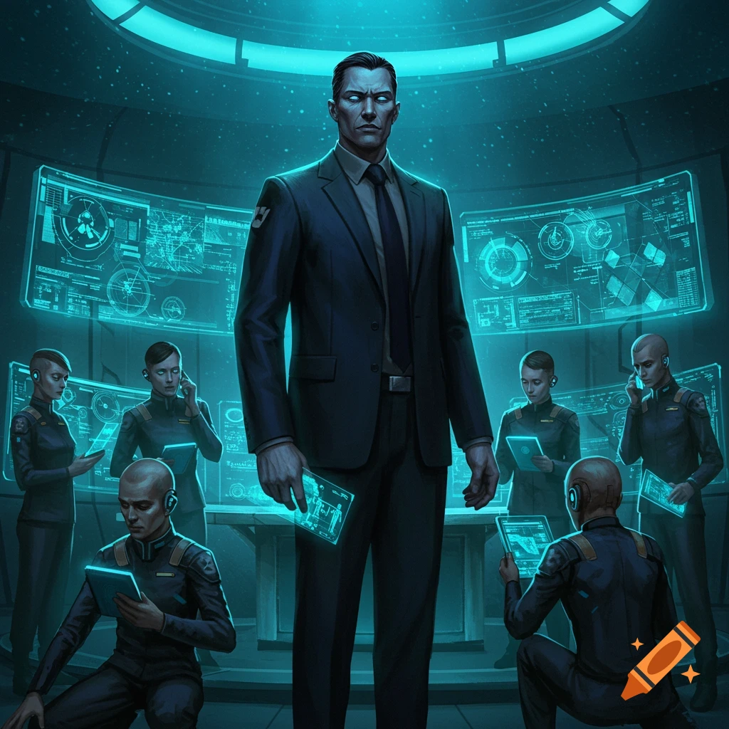 A stoic, well-dressed man stands in a dark, neon-lit futuristic command center, surrounded by uniformed subordinates interacting with holographic screens.
