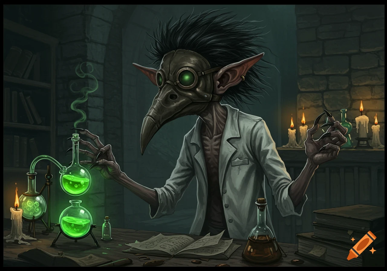 A goblin-like creature wearing a plague doctor mask and lab coat mixes glowing green liquid in glass beakers in a dimly lit alchemist's lab.