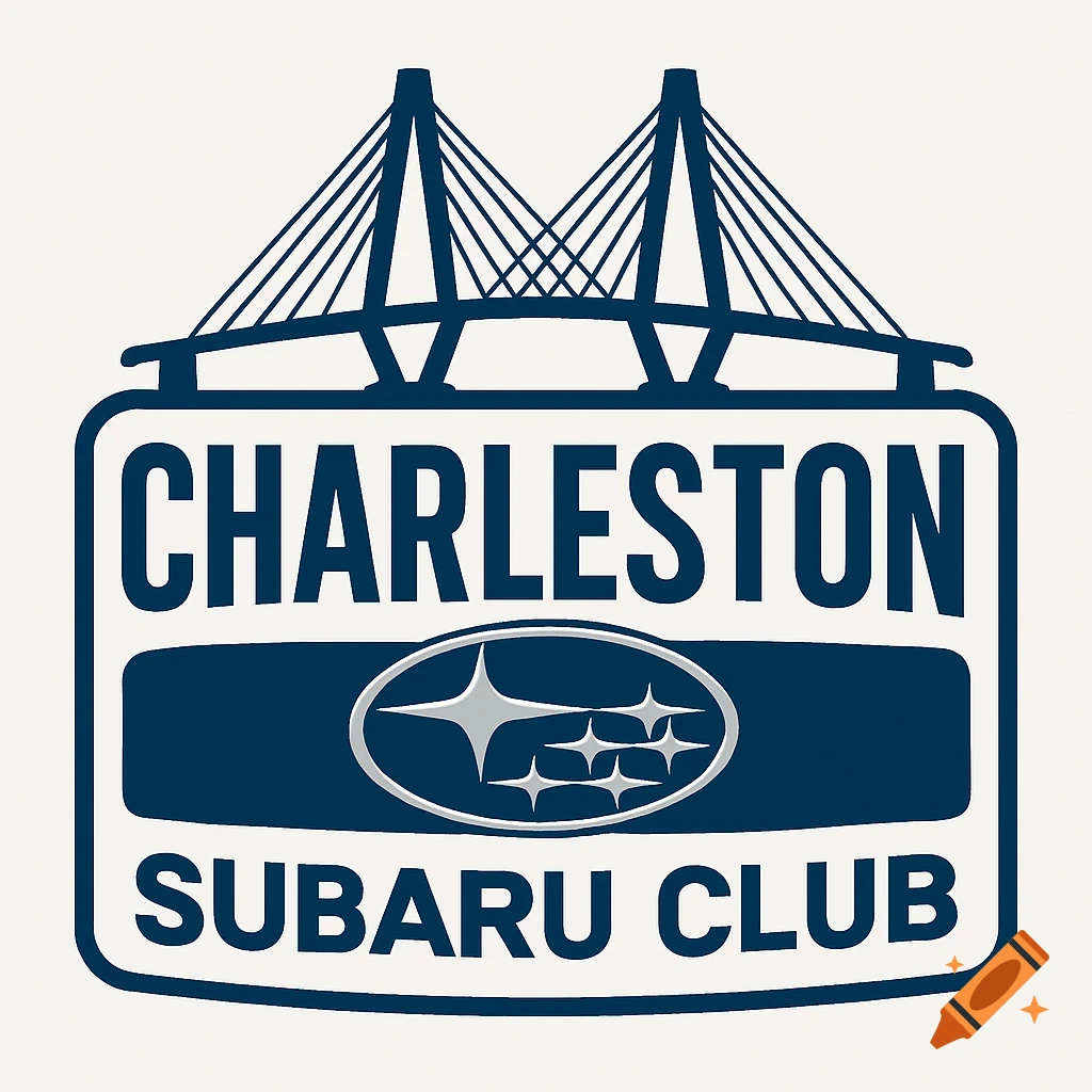 Blue and white logo for Charleston Subaru Club featuring a suspension bridge outline and a Subaru emblem.