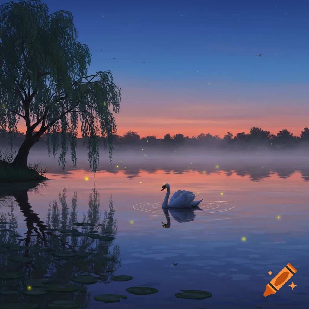 A white swan glides on a misty lake at dusk, with a weeping willow tree on the left and fireflies illuminating the water.