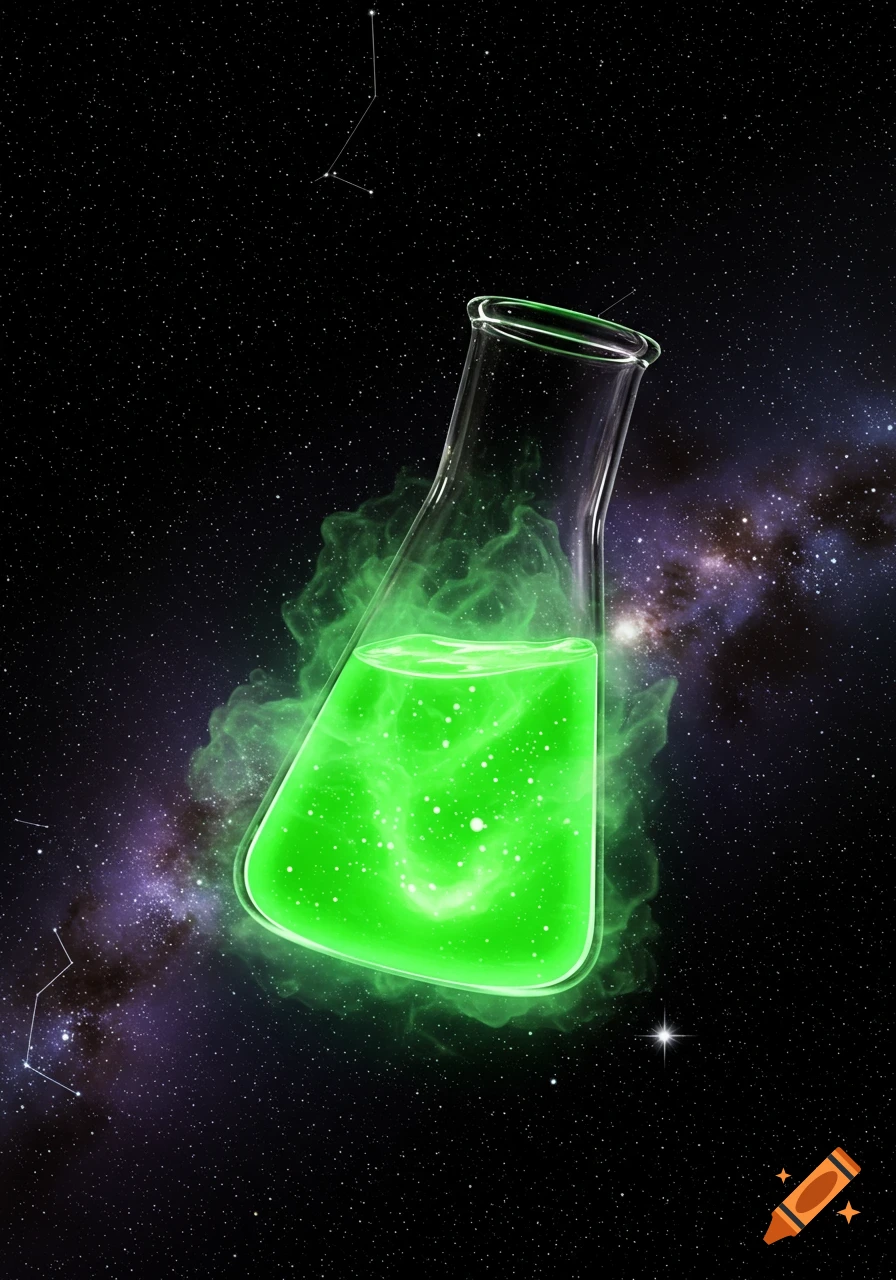 A glowing green liquid in an Erlenmeyer flask floats in the vastness of space, with stars and a nebula visible in the background.
