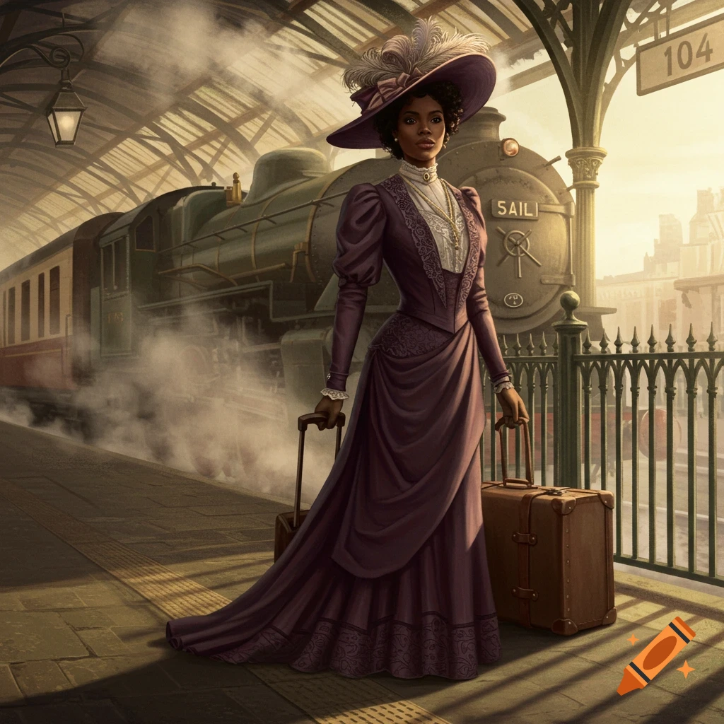 A Black woman in a purple 1900s dress and feathered hat stands on a train platform with luggage, a train steaming behind her.