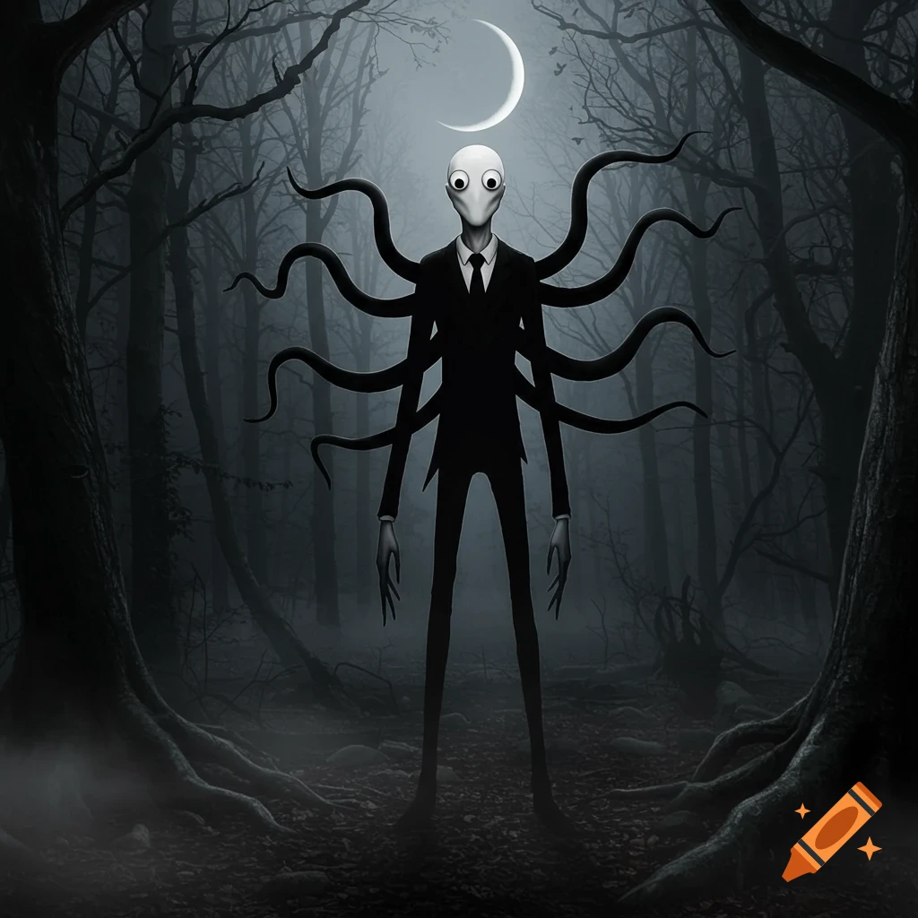 Slenderman with googly eyes stands in a dark, misty forest under a crescent moon, a creepy digital art illustration.