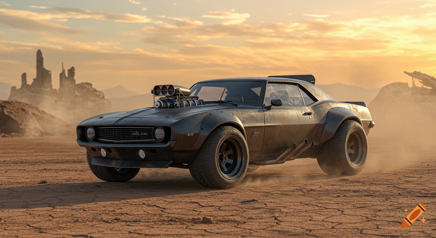 A custom widebody 1969 Chevrolet Camaro, reminiscent of Mad Max, drives through a dusty, cracked desert with ruined structures in the background at sunset.