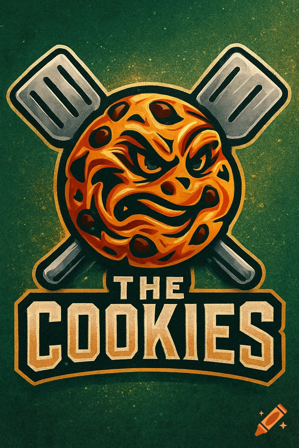 A stylized angry chocolate chip cookie mascot with crossed spatulas, and text 'THE COOKIES' in a sports logo style.