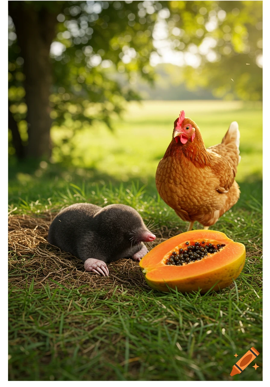 A mole next to a halved papaya with a chicken in a grassy outdoor setting, photorealistic.