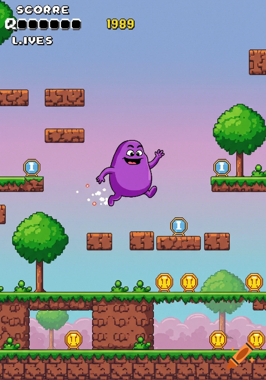 A pixel art platformer game scene featuring a purple, blob-like character similar to Grimace jumping between platforms. The game UI shows "SCORRE", "LIVES", and "1989".