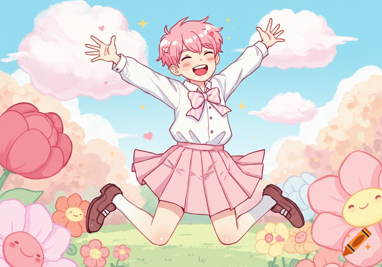 A cheerful pink-haired cartoon boy in a white shirt and pink skirt jumps joyfully in a sunny field of flowers under a blue sky.