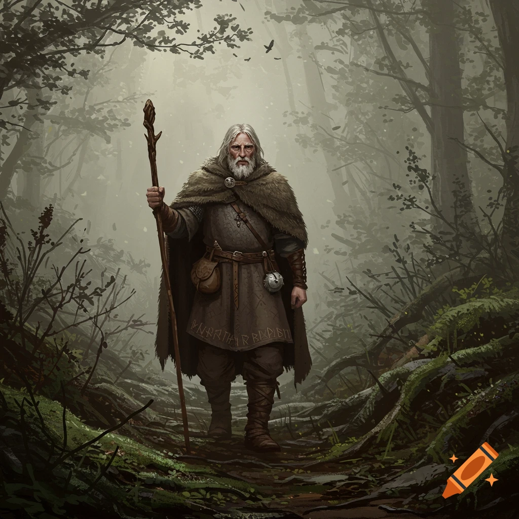 A grey-bearded man in a fur-trimmed cloak and tunic holds a staff, standing on a forest path with overgrown roots.