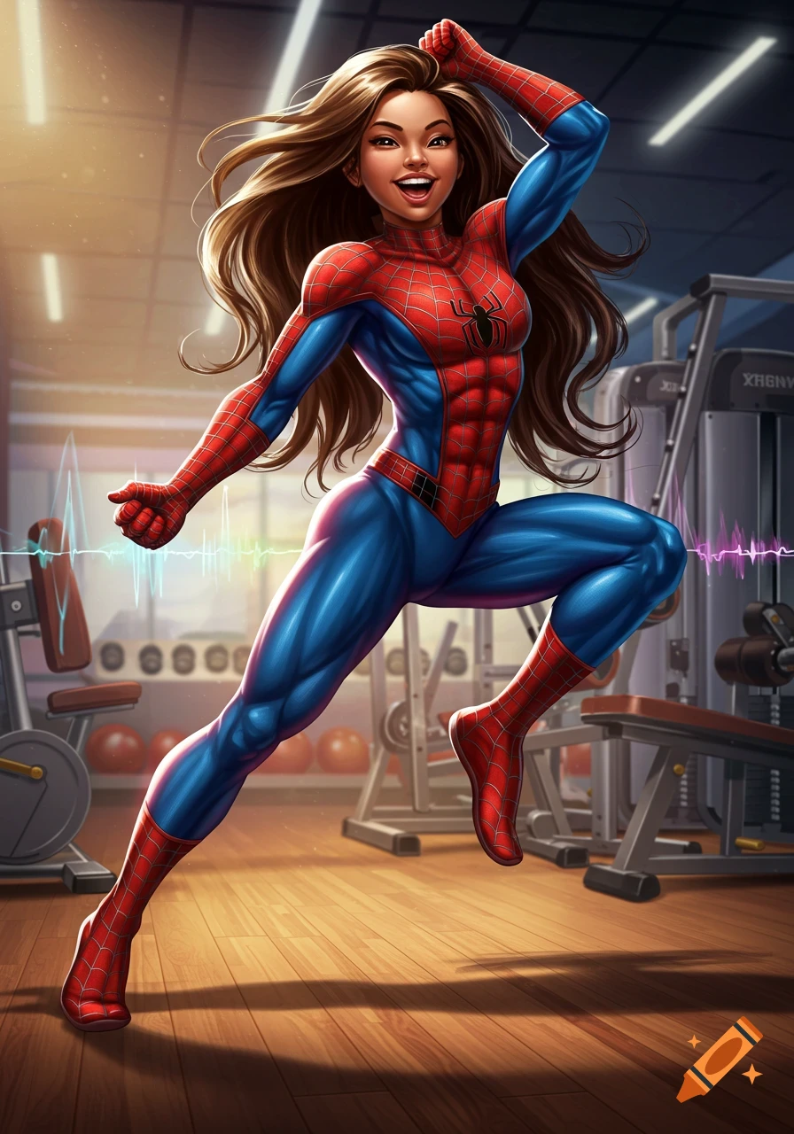 A cheerful, long-haired woman in a Spider-Man suit jumps dynamically in a gym, rendered in a vibrant comic art style.