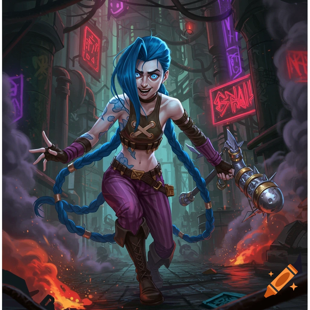 Stylized image of Jinx from Arcane with blue braids and weapon, in a dark, smoky, industrial alley with red neon signs.