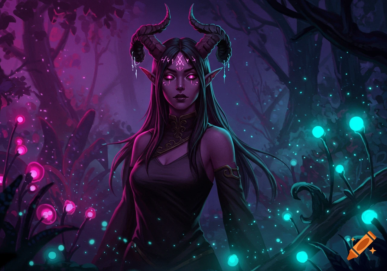 A mystical horned woman with glowing pink eyes stands in a dark, glowing purple and blue fantasy forest. Digital art.